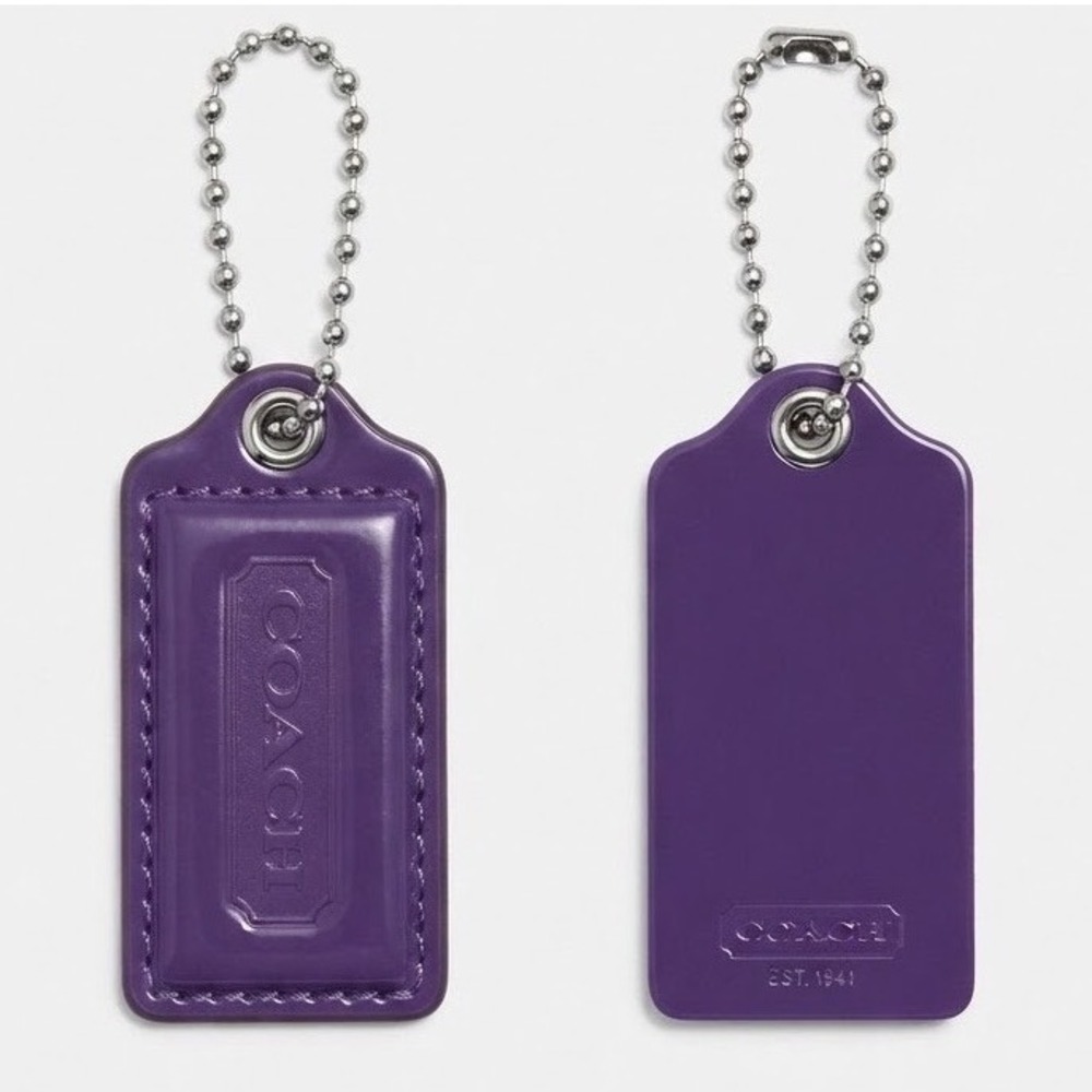 Coach Purple Patent Leather Handbag Hangtag Bag Charm Silver Ball Chain XL